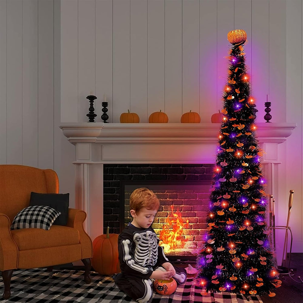 TURNMEON 5Ft Black Tinsel Halloween Tree with Lights Halloween Decorations