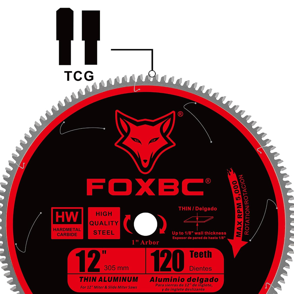 FOXBC 12 Inch Aluminum Cutting Saw Blade, 120T Tooth, TCG with 1-Inch Arbor