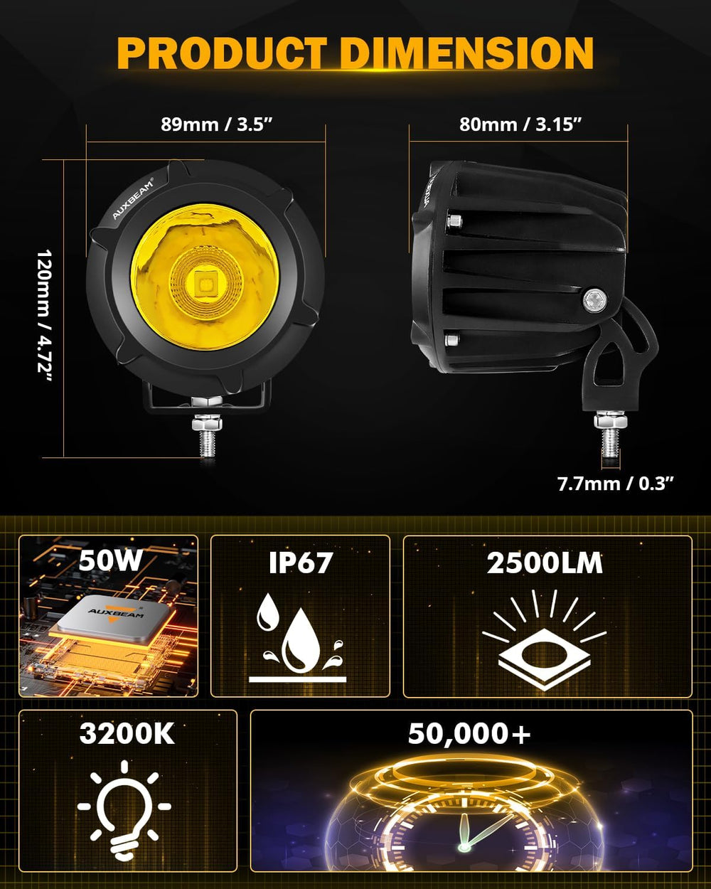Auxbeam LED Pod Light, 3.5 Inch Amber Round Off-Road Fog Lights