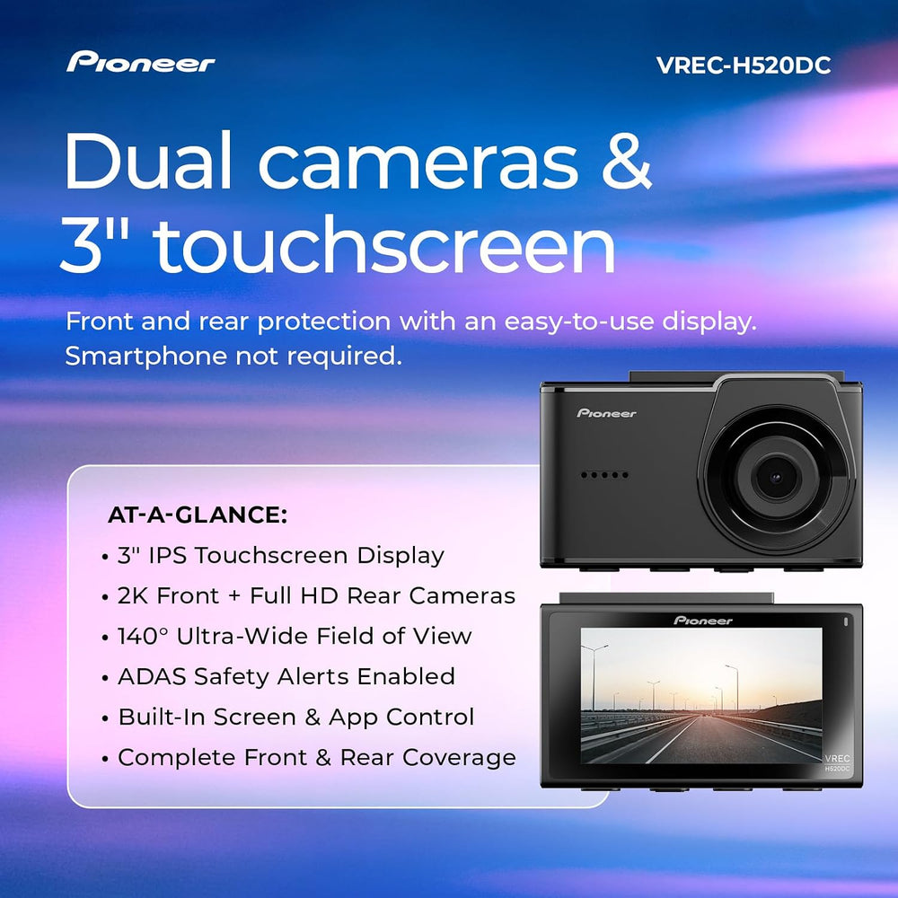 Pioneer VREC-H520DC Large Screen Dual Dash Cam Front and Rear Car Camera