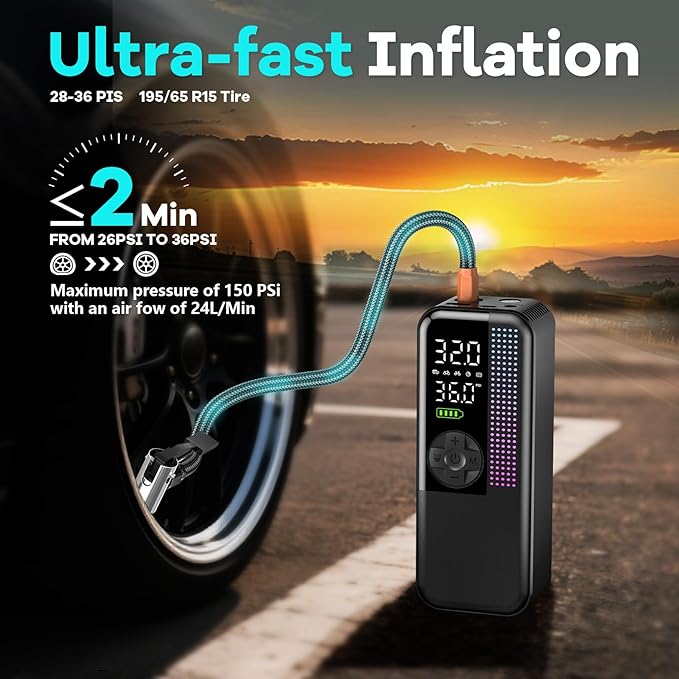Tire Inflator Portable Air Compressor, 150 PSI Cordless Air Pump, Dual Power