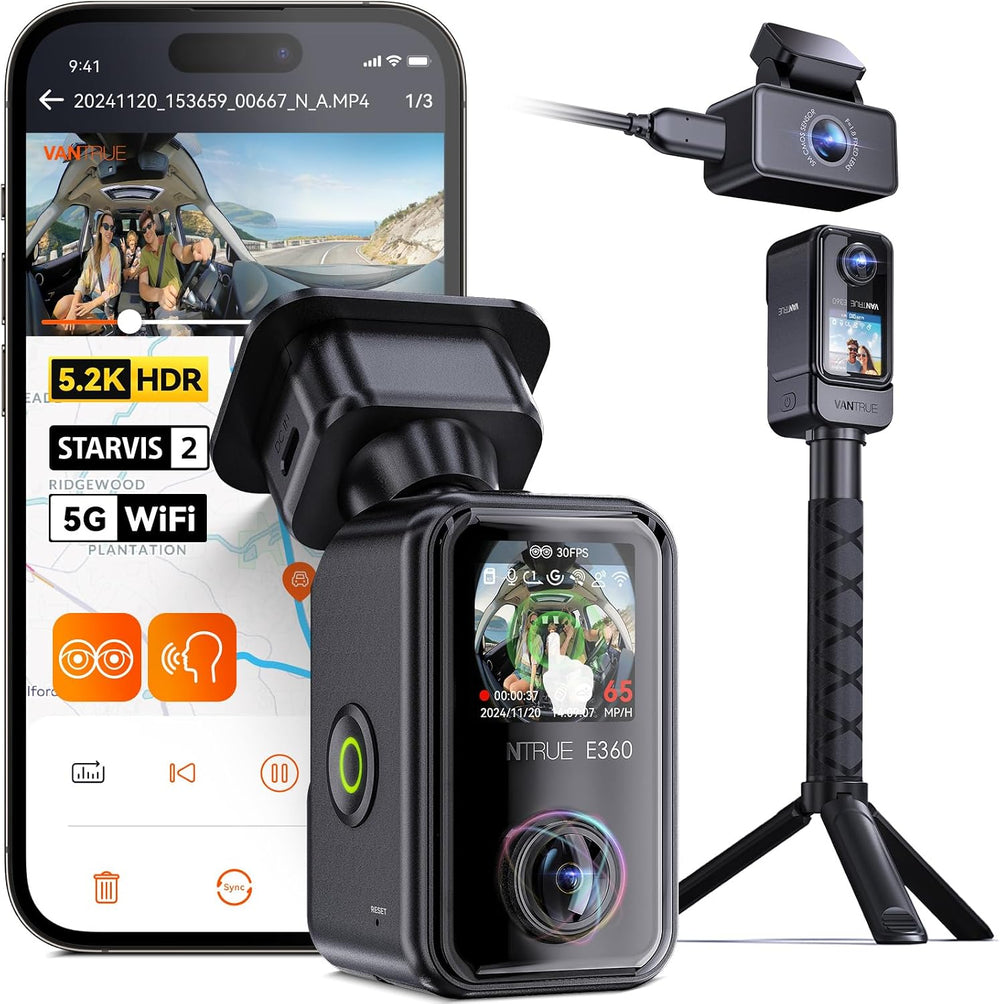 Vantrue E360 ACE All Channel Dash Cam 585° Fisheye Selfie Stick Tripod