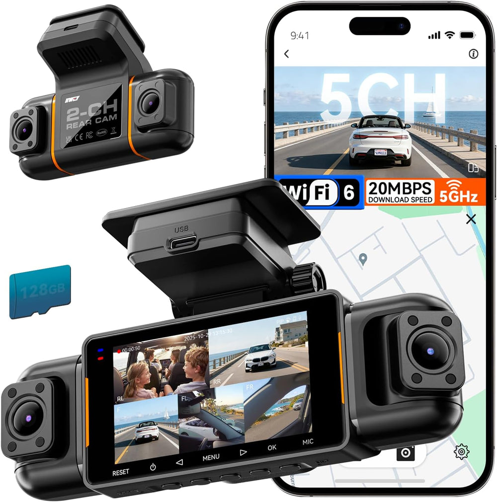 IIWEY N9 360° 5 Channel Dash Cam, Free 128GB Card, 12 IR LEDs Night Vision
