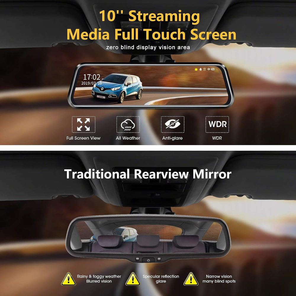 10’’ Mirror Dash Cam Front and Rear View Mirror Camera Night Vision for Car