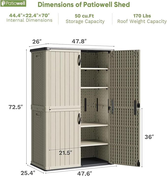 Patiowell 50 cu.ft Plastic Outdoor Storage Shed, Lockable Waterproof Resin
