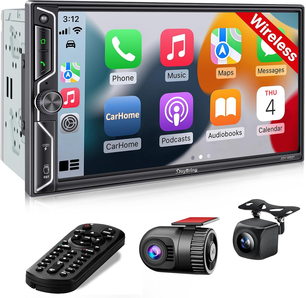 [QLED Screen Upgrade] 7" Double Din Car Stereo with Dash Cam, Wireless A...