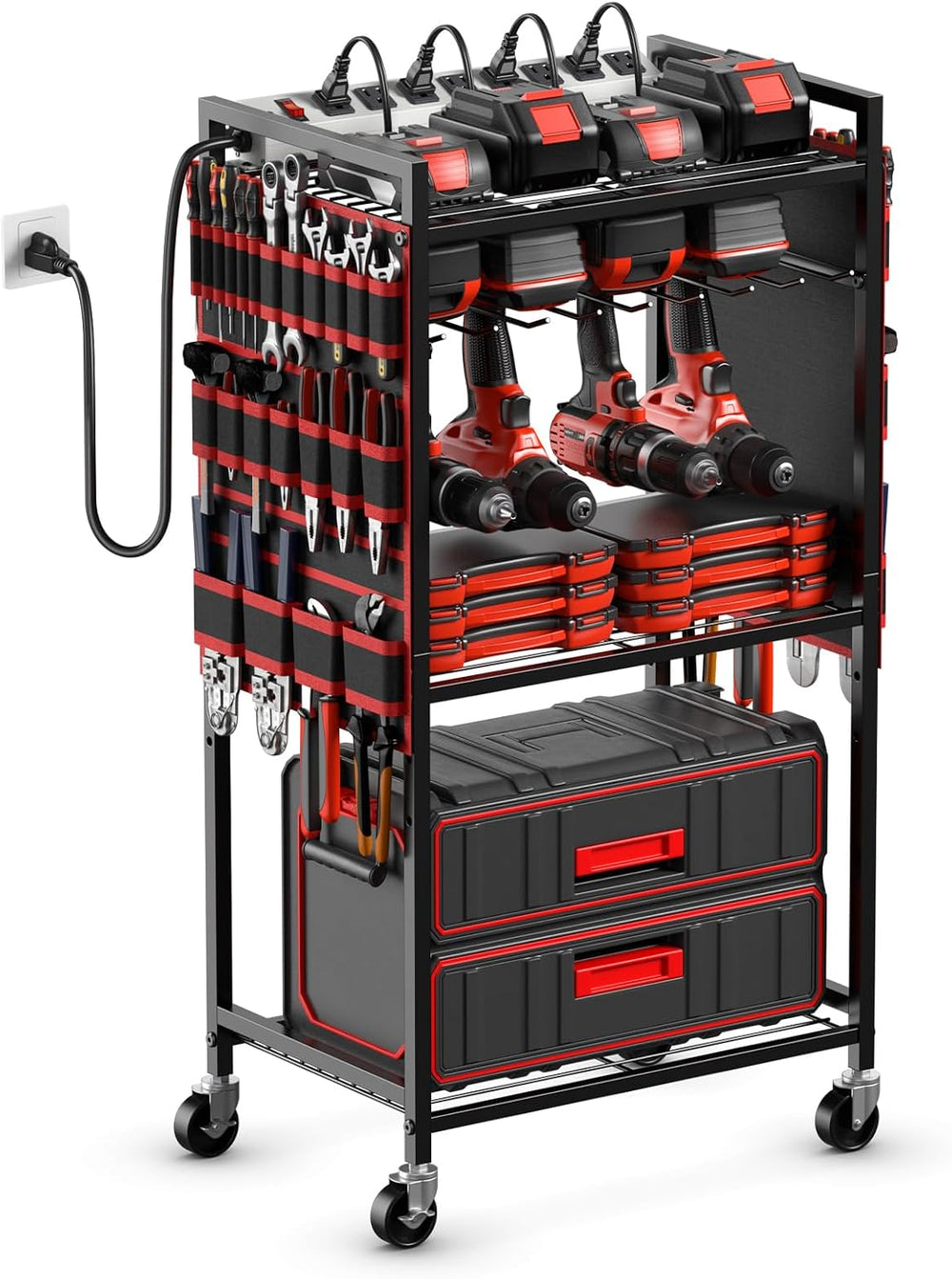 Power Tool Organizer Cart with Charging Station, 6 FT Cord, Red