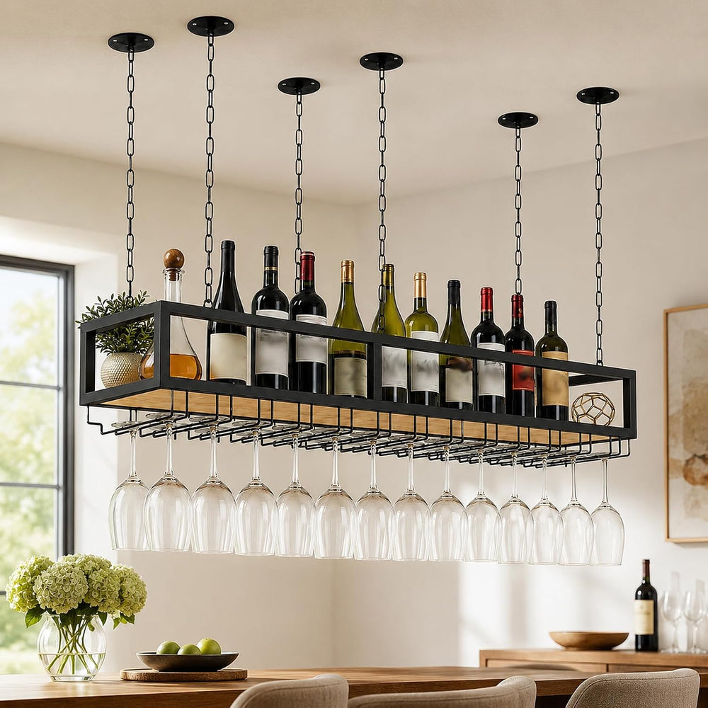 Ceiling Wine Glass Rack with Glass Holder, 31.4in Metal Hanging Bar Shelf