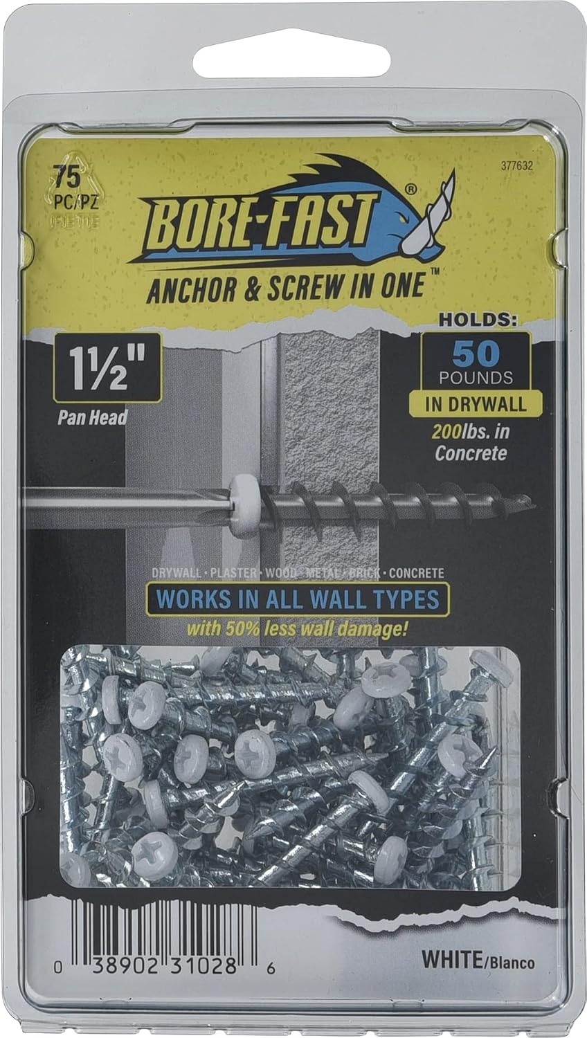 Hillman Borefast Drywall Anchors, 1-1/2in Pan Head, 75 Pack, White