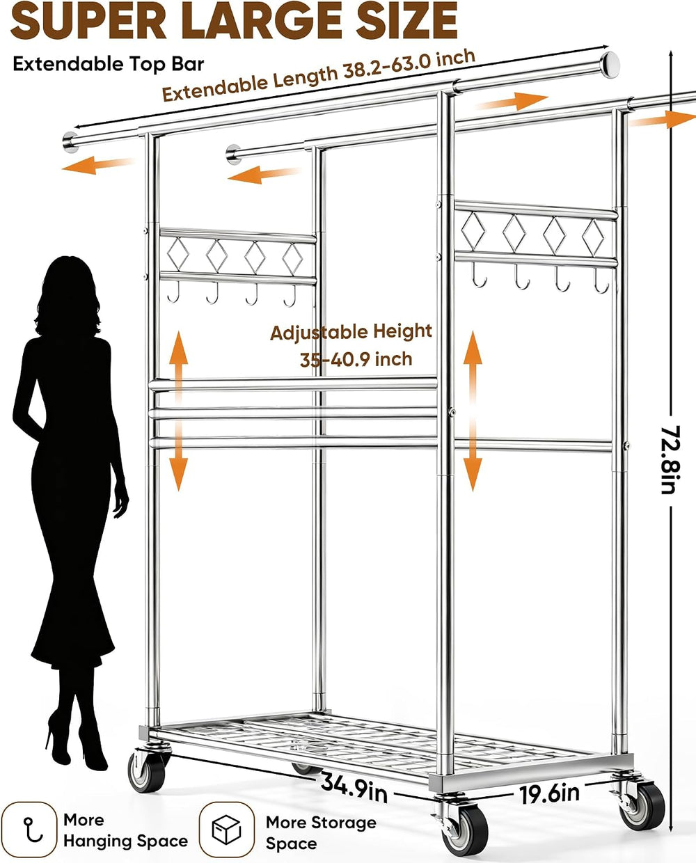 Large Clothes Rack with Shelf Loads 1100lbs, Four Rods Garment Rack, Silver