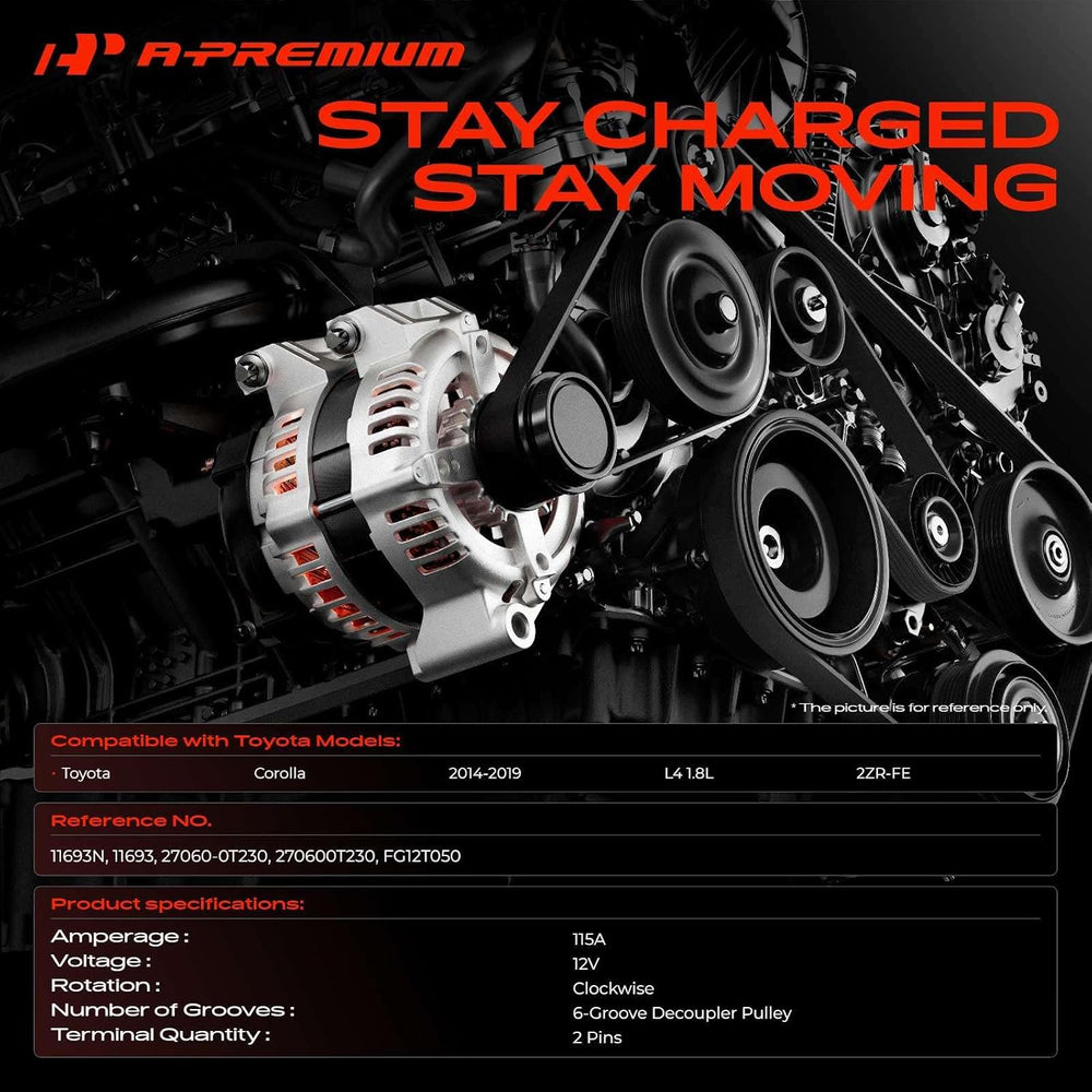 A-Premium Alternator, 12V 115A 6-Groove Decoupler Pulley Clockwise