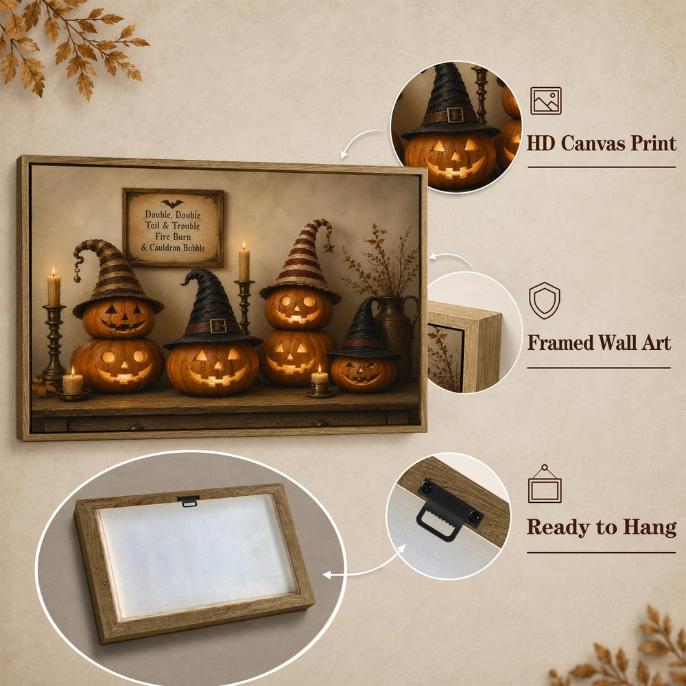 Halloween Framed Canvas Wall Art, Pumpkin and Witch Hats Halloween Pictures
