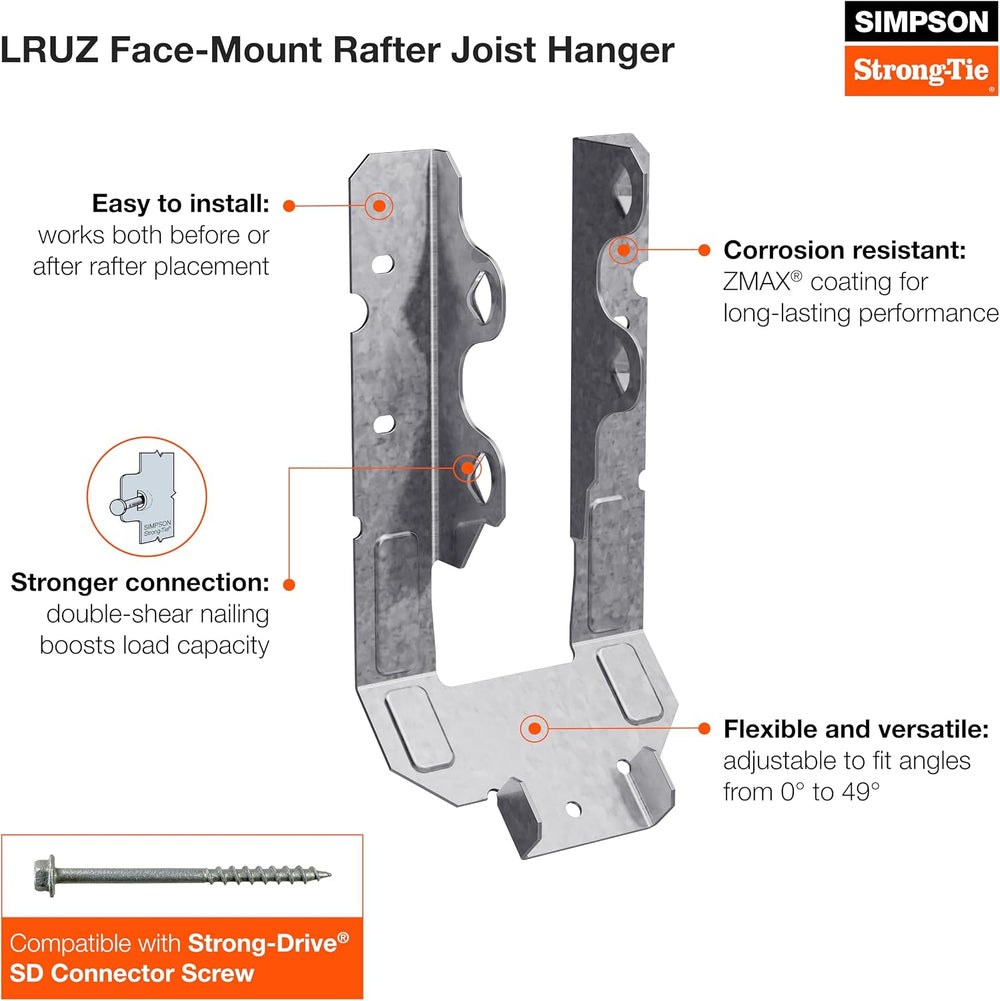 Simpson Strong-Tie Rafter Hanger LRU26Z - Adjustable Slope, Face-Mount, 18-Ga...