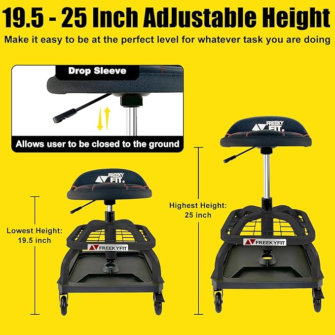 Rolling Shop Stool with Wheels, Garage Work Mechanic Stool with Backrest