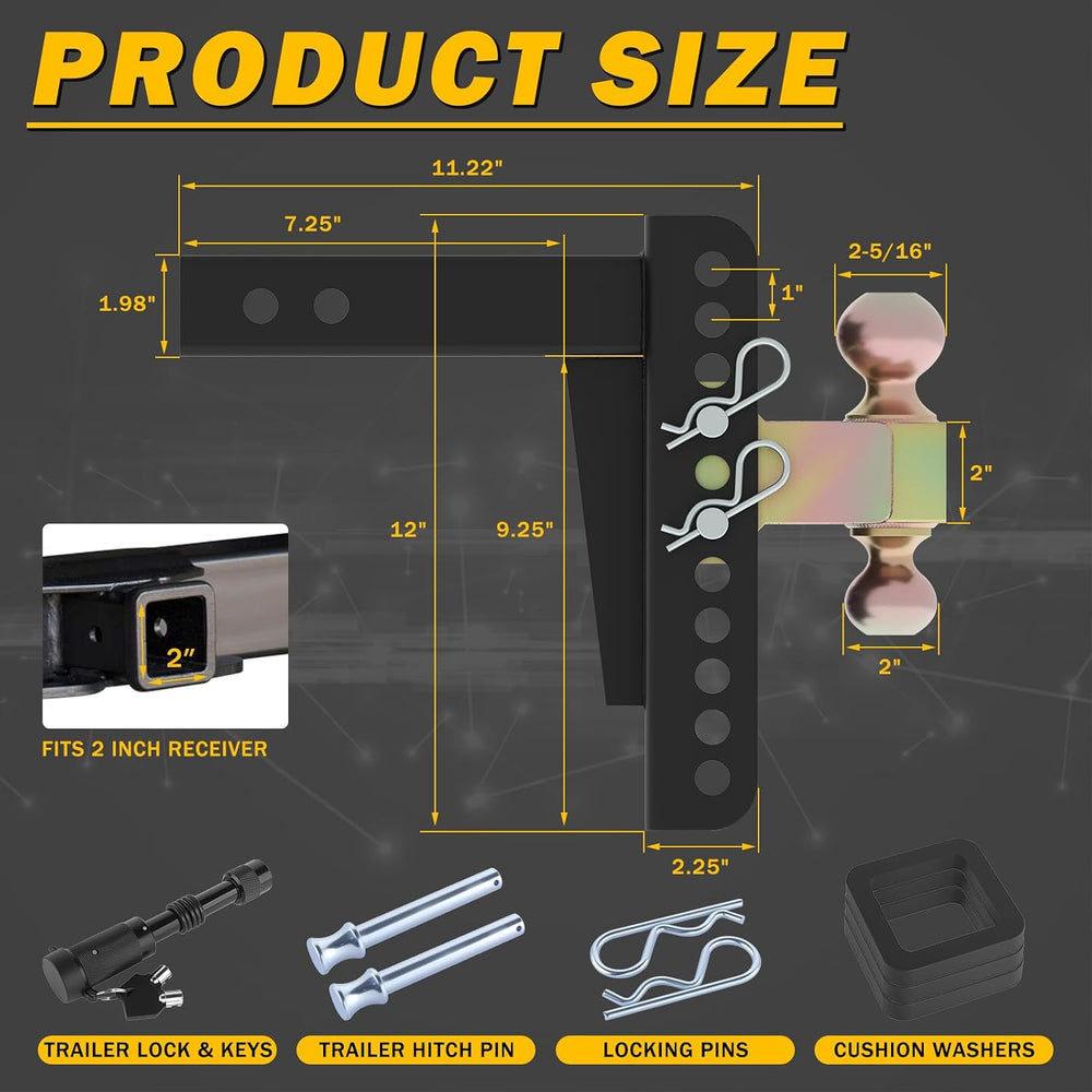 Adjustable Drawbar Trailer Hitch Fit for 2-Inch Receiver with 8" Drop/Ri...