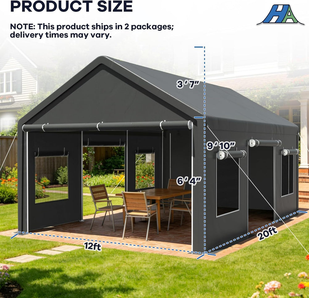 12x20 Heavy Duty Carport Canopy, All-Weather Car Ports, Grey