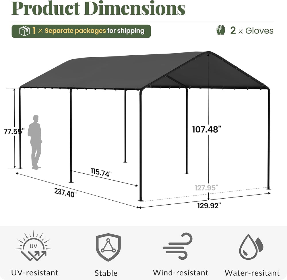 Carport, 10‘ x 20’ Garage Car Canopy w/Water-Resistant Top Cover, Grey