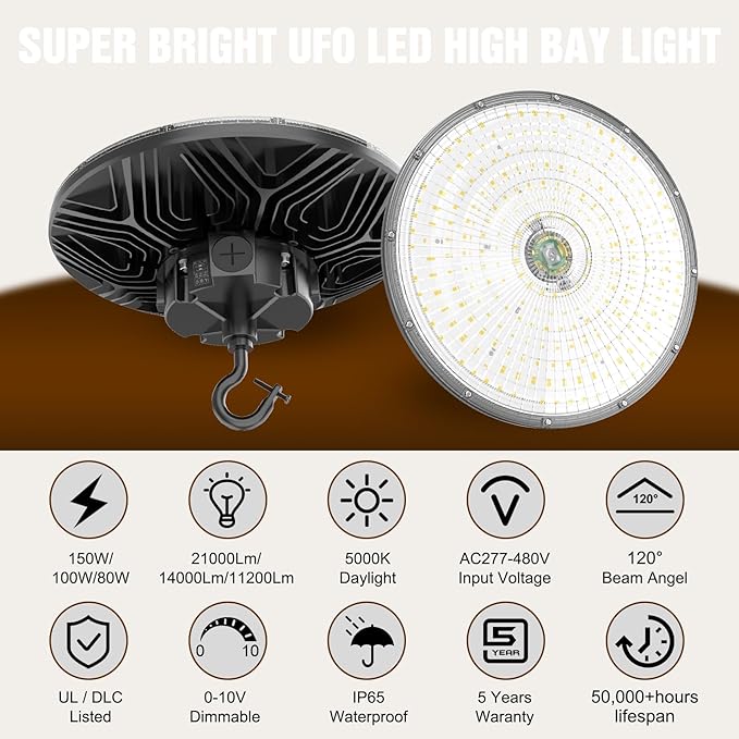 9 Pack 480V LED High Bay Light UL DLC Listed UFO Light 150W 100W 80W Adjustable