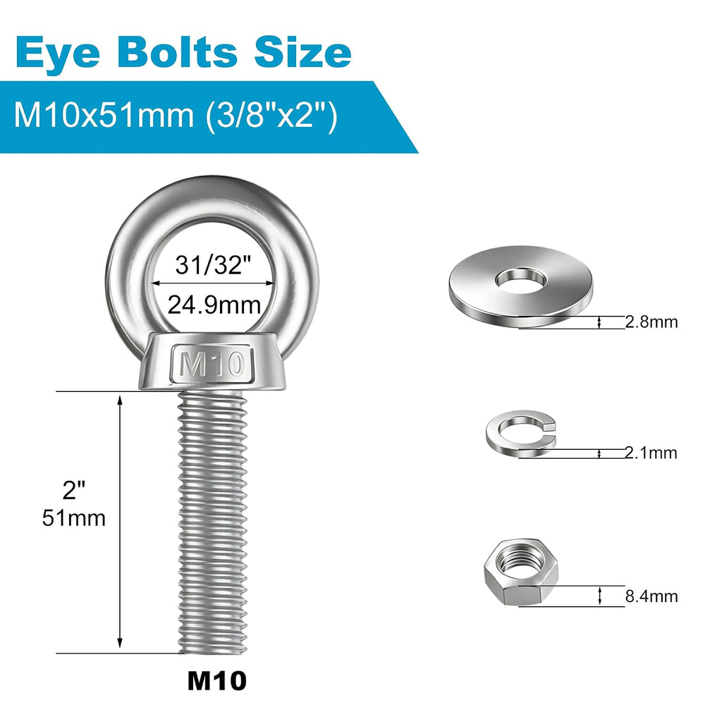 8 Pack M10 Stainless Steel Eye Bolts with Nuts and Washers, 3/8" x 2&quo...
