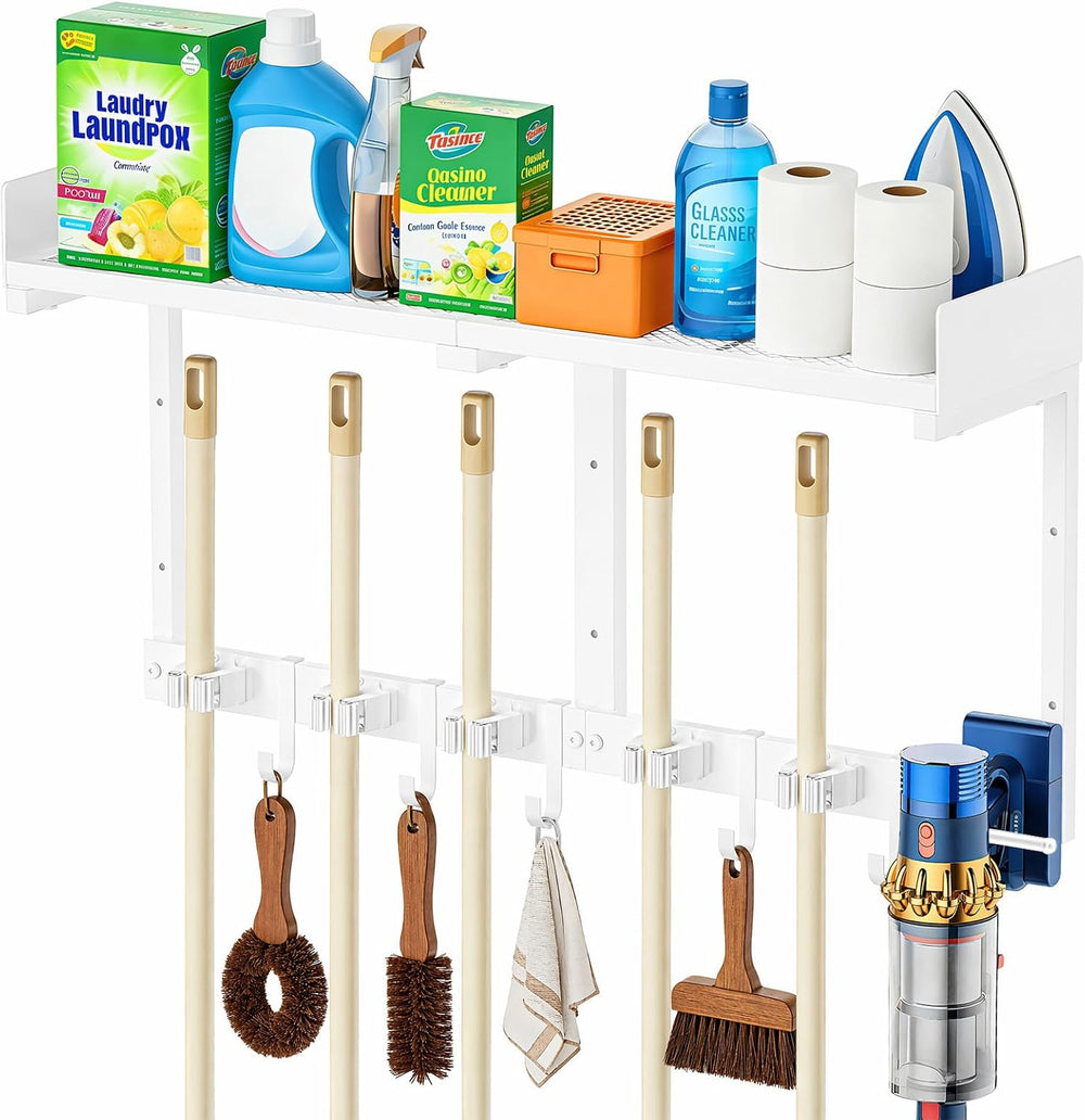 HUFAND Broom Holder Wall Mount, 27" Mop and Broom Organizer with Top Shelf