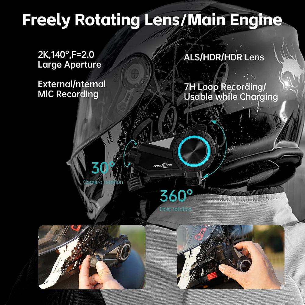 FreedConn Motorcycle Bluetooth Headset with Camera 2K Hi-Res 360°Shooting 6 R...