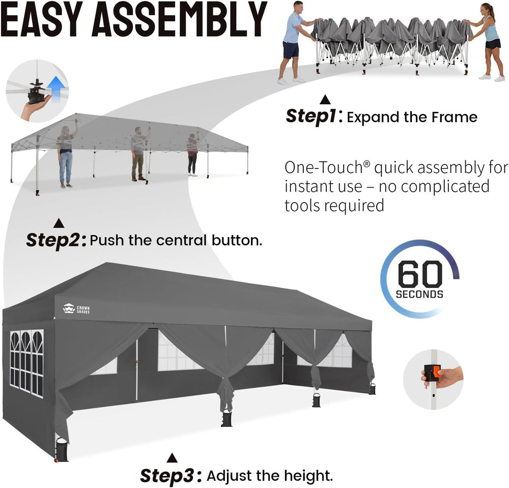 CROWN SHADES 10X30 Pop Up Canopy Tent with Sidewalls, Instant Setup, Gray