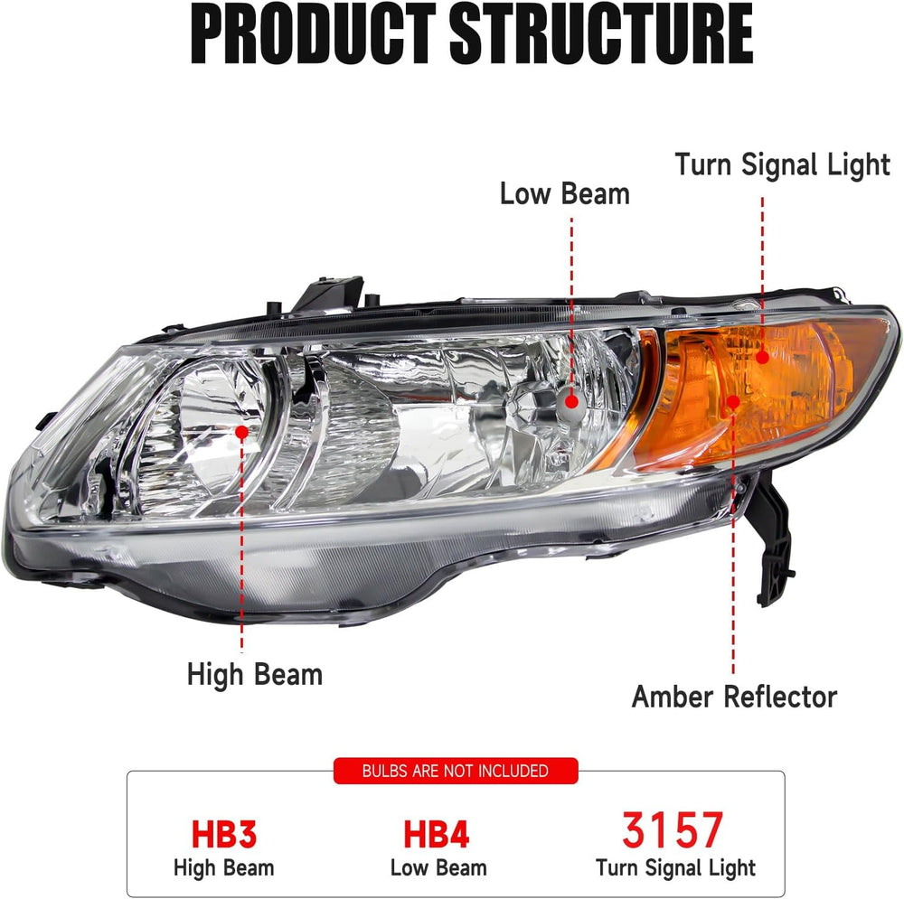 AS Headlight Assembly For 2006 2007 2008 2009 2010 2011 Honda Civic 2-Door He...
