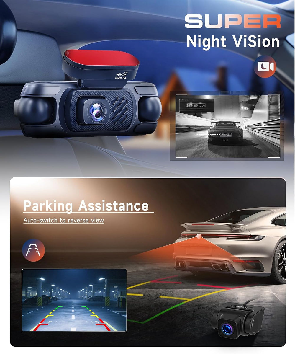 4 Channel Dash Cam Front and Rear, 360° View 4K Front 1080P Rear Inside