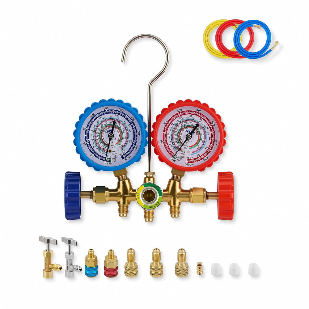 OMT 3-Way AC Gauge Set for R134a R410A R404A R22, 5ft Hoses
