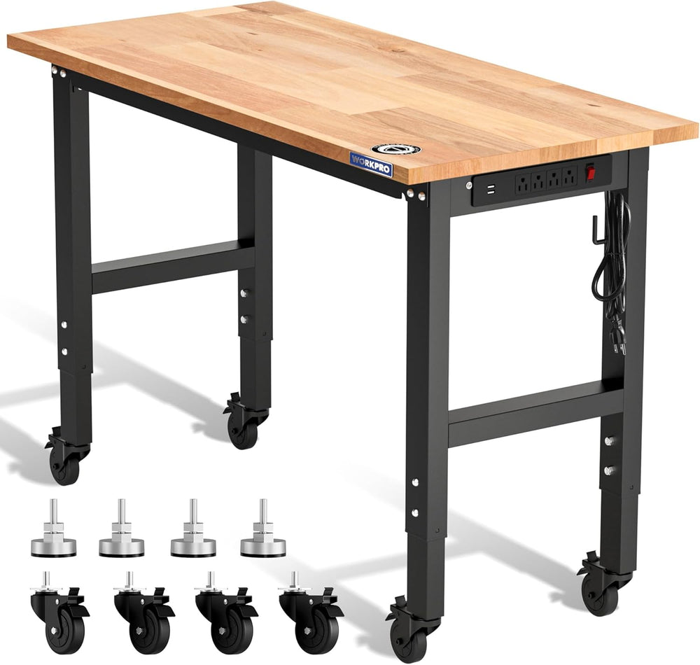 WORKPRO Garage Workbench, Rubber Wood Top Work Desk
