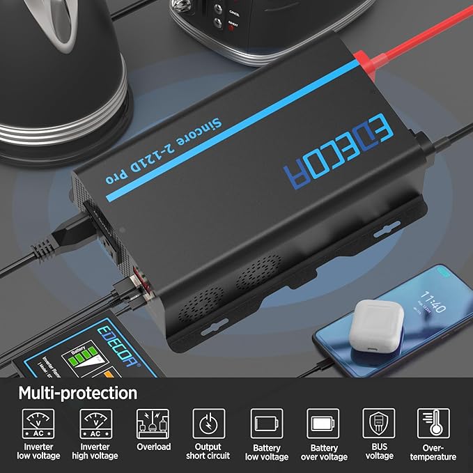 EDECOA Pure Sine Wave Inverter 1200W 12V DC to 110V AC Power Inverter