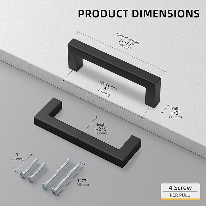 goldenwarm 30 Pack 3 INCH Black Square Bar Cabinet Pull Drawer Handle Stainless