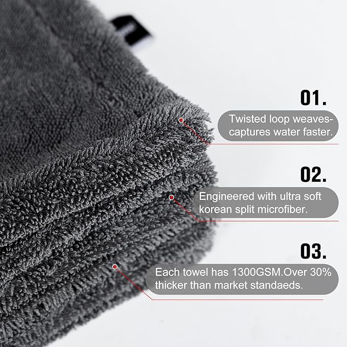 2 Pack XL Car Drying Towel – 1300GSM Ultra Absorbent Microfiber, Twisted Loop