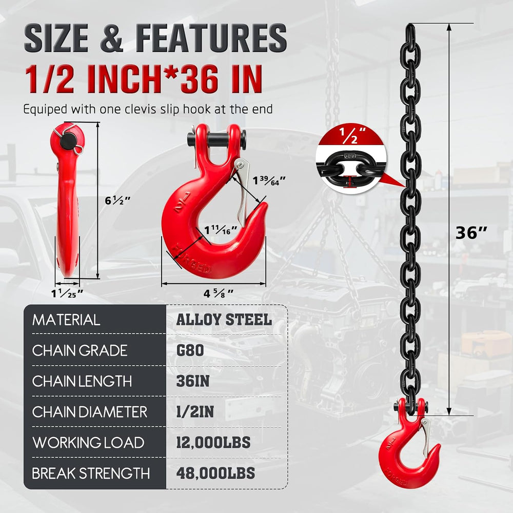 1/2" G80 Trailer Safety Chains with G70 Clevis Safety Hook,36" Tow ...