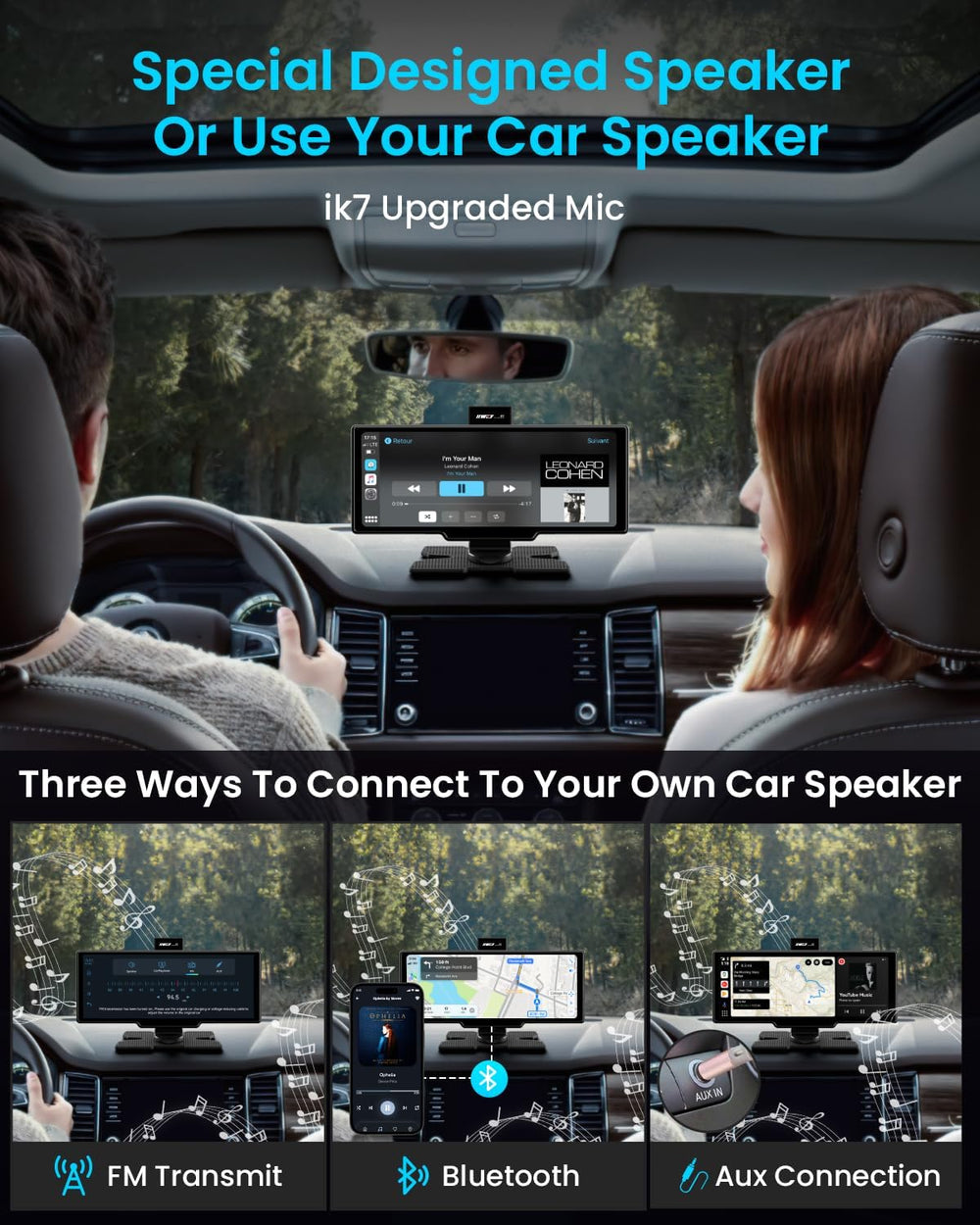 IIWEY iK7 10-Inch Wireless Apple CarPlay Screen, Android Auto, 4K Dash Cam