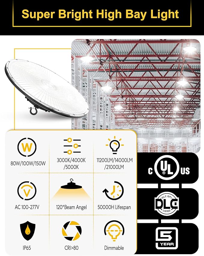 UFO LED High Bay Light, 150W/100W/80W Adjustable, 3000K/4000K/5000K Adjustable