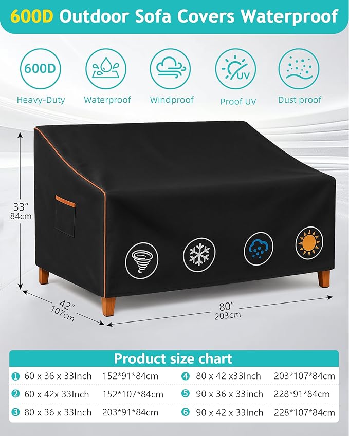 Outdoor Sofa Cover, Waterproof Patio Furniture Cover 80W x 42D x 33H inches