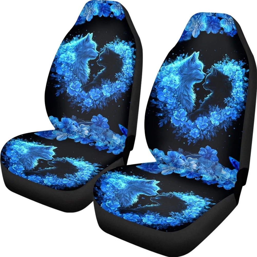JoyLamoria Blue Cat Rose Print Front Car Seat Covers Set of 2,Universal fit f...