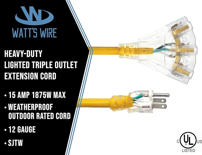 3 Pack - 2 ft - 12 Gauge Heavy Duty Extension Cord - 3 Outlet Lighted SJTW -