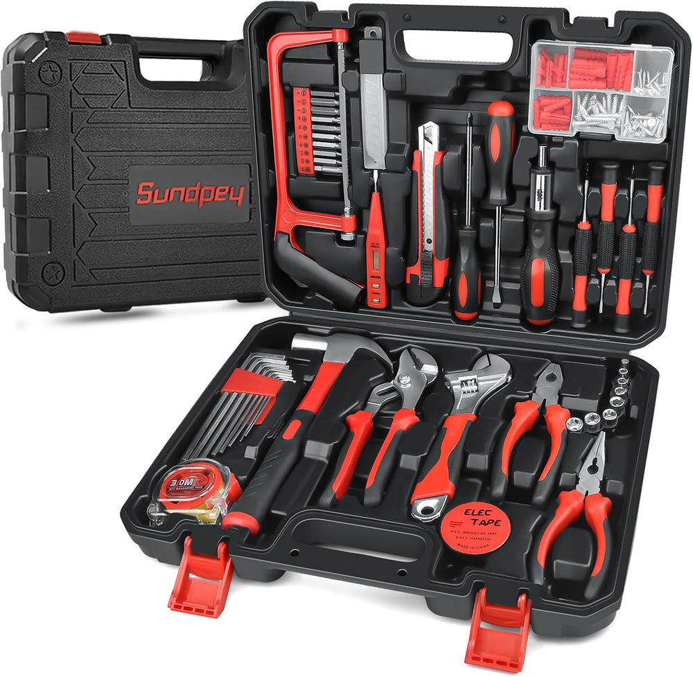 Sundpey 148 Pcs Portable Basic Hand Repair Home Tool Kit Set with Case Red