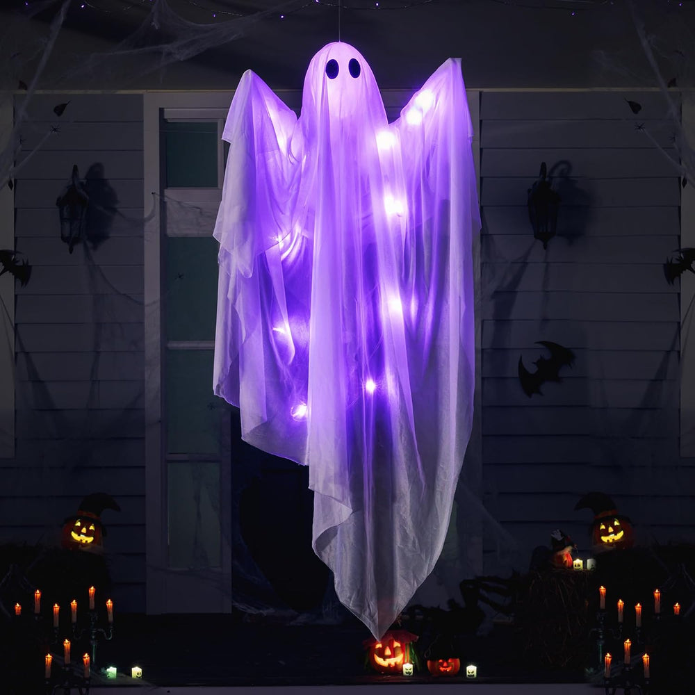 JOYIN Halloween Hanging Light up Ghost, 47" White Ghosts with Purple LED...