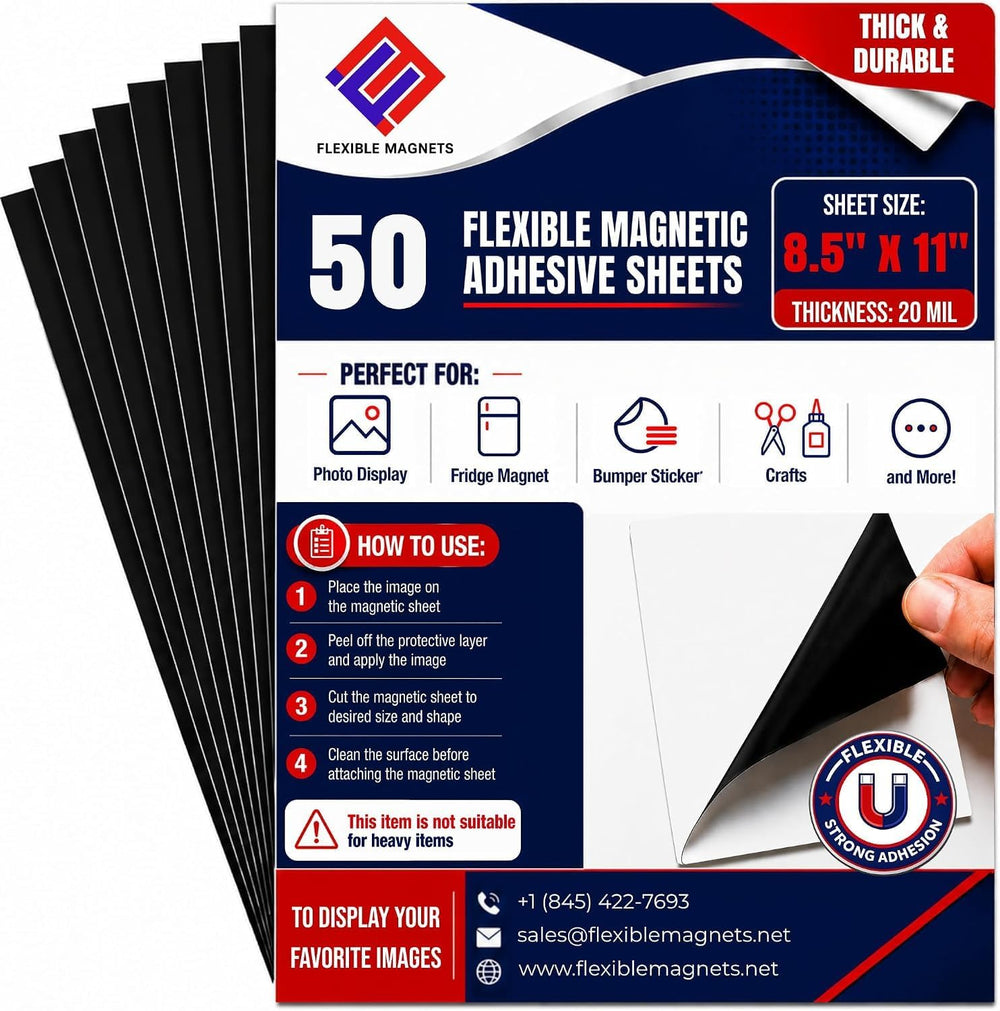 Flexible Magnet Sheet with Adhesive Backing, 20 Mil, 8.5" x 11", 50...