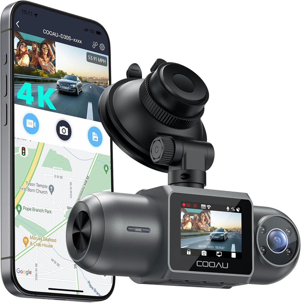 COOAU D30S 4K Dash Cam with GPS Wi-Fi, Front and Inside Dual 2.5K 1080P, Uber...