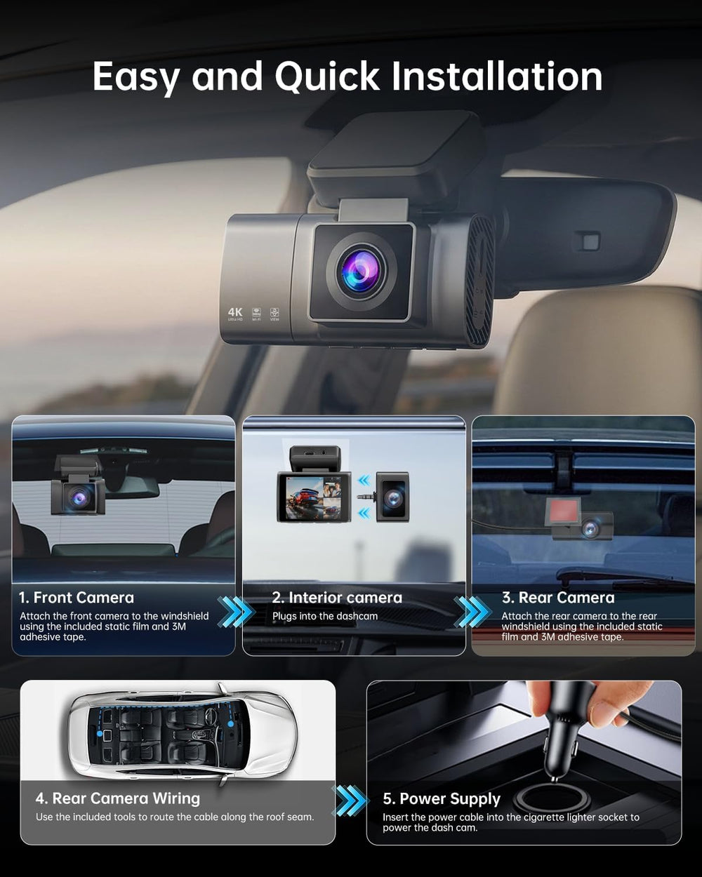 Dash Cam Front and Rear: 4K 3 Channel Dashcam for Car Free 64GB Card