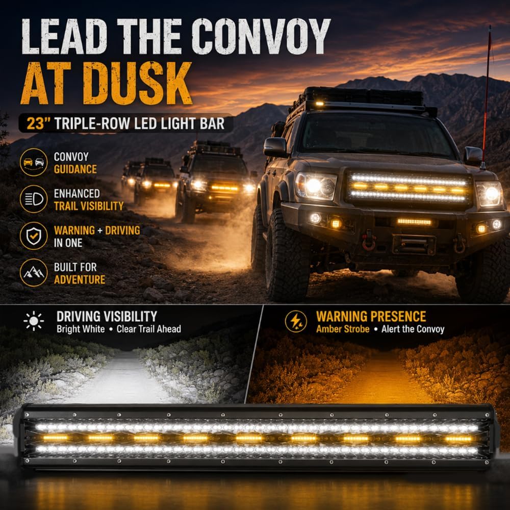23 Inch 144W LED Light Bar White/Amber Flasing Strobe Light with Six Modes Dr...