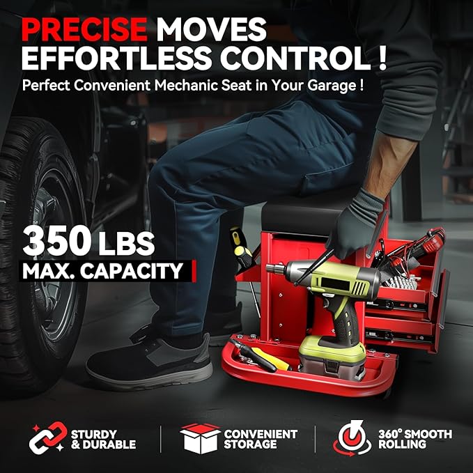 Auto Dynasty 3-Drawer Mechanic Rolling Seat, 350 LBS Capacity Roller Garage