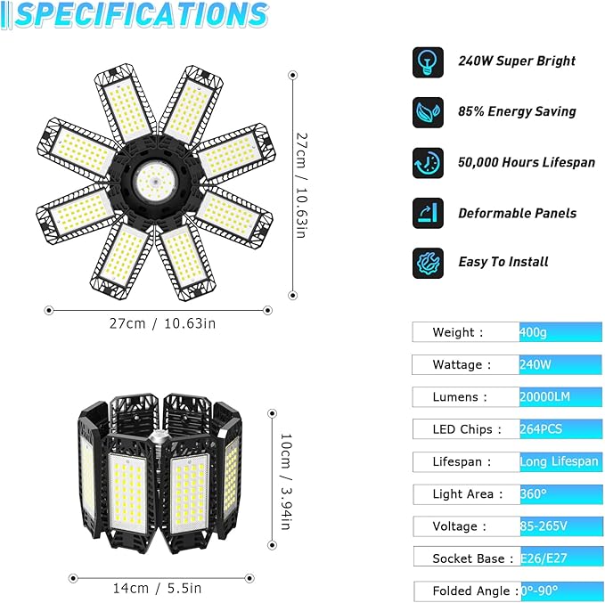 Garage Light 4 Pack - 240W 24000LM 6500K Garage Lights Ceiling LED