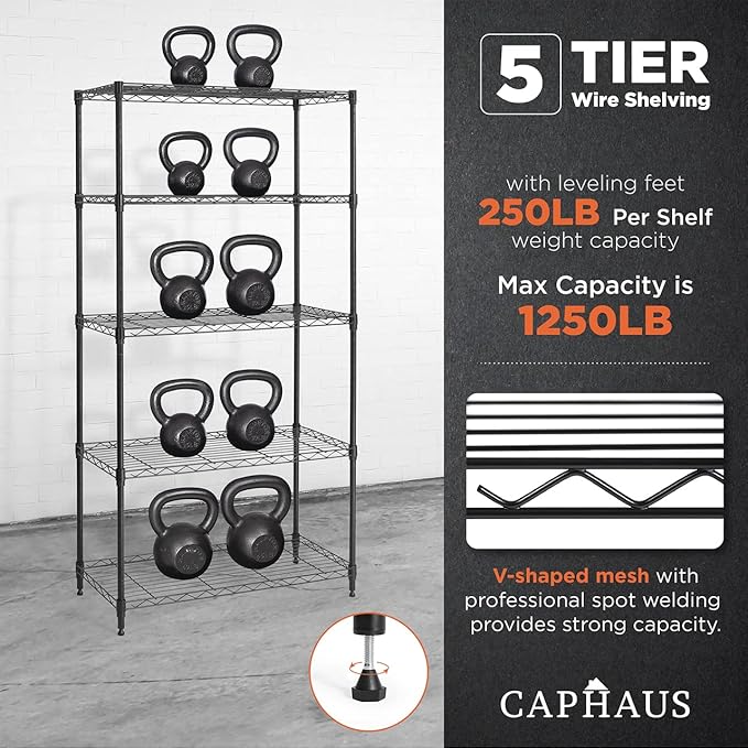 CAPHAUS 3/4/5-Tier Adjustable Height Wire Shelving Unit, Wire Rack Shelving