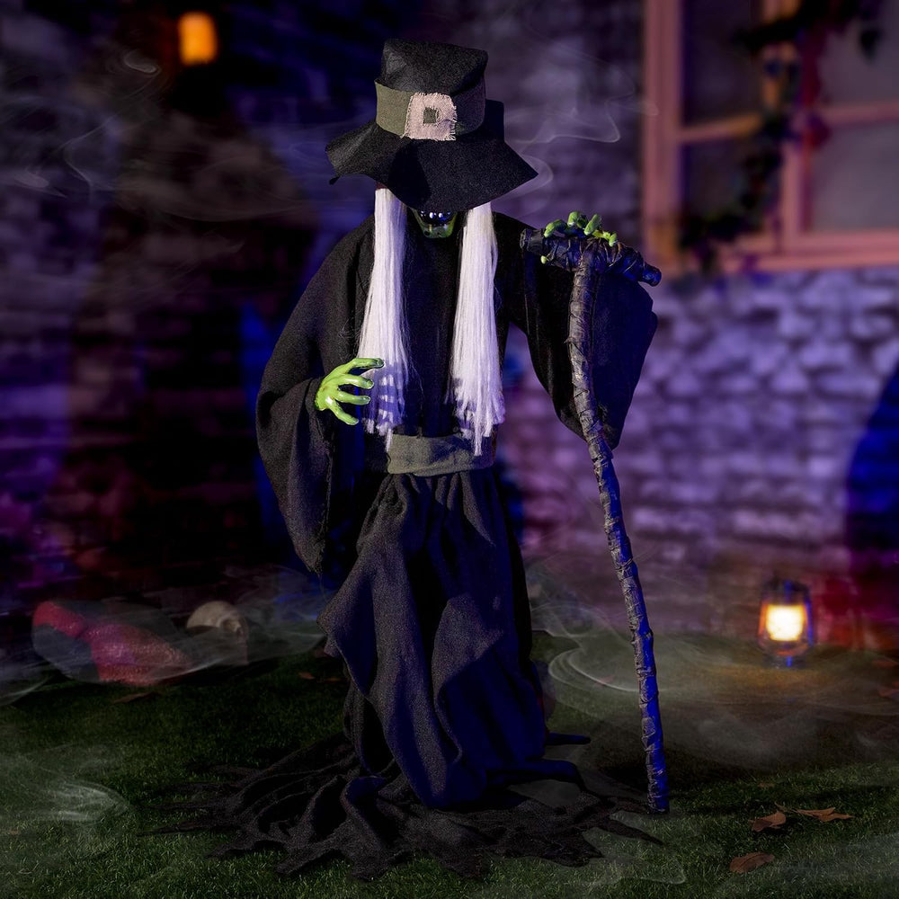 Halloween Animatronic Jump-Scare Witch Decoration, Sound Activated, Red Eyes,...