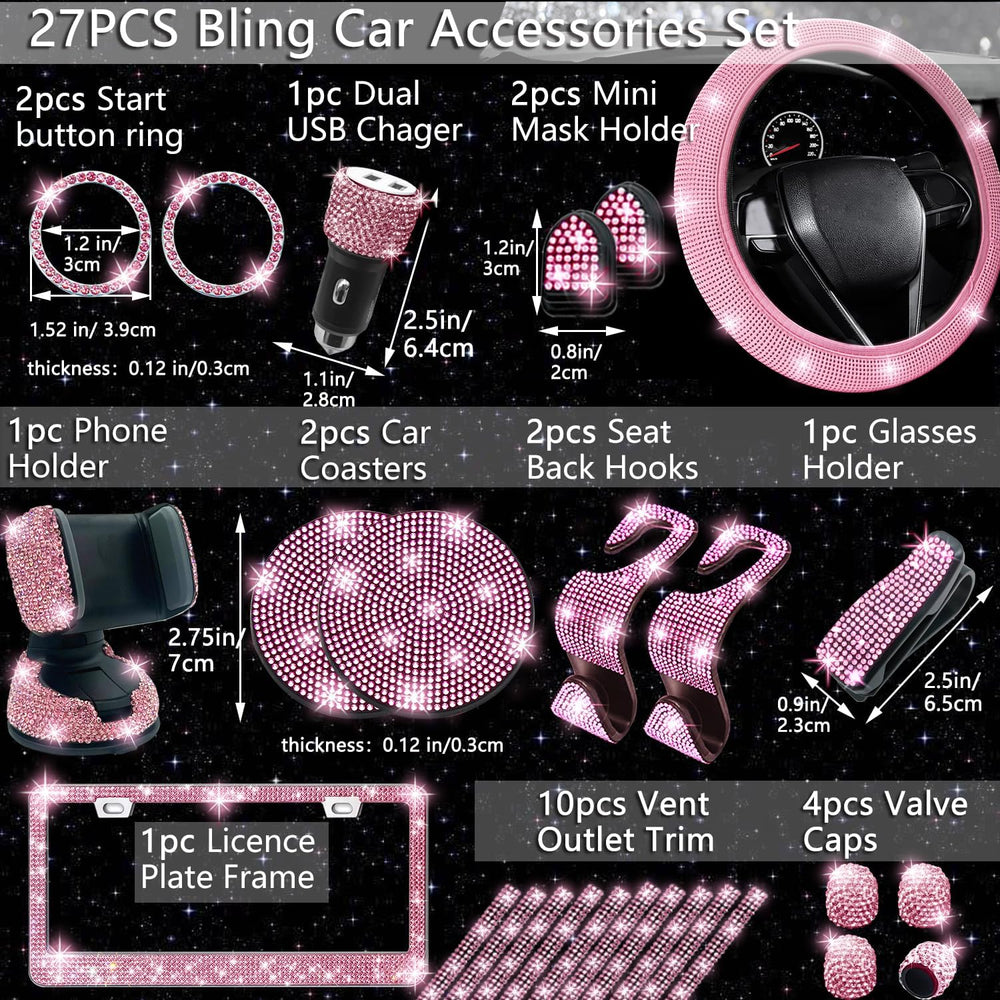 NBTEPEM 27-Piece Bling Car Accessories Set - Universal Fit Steering Wheel Cov...